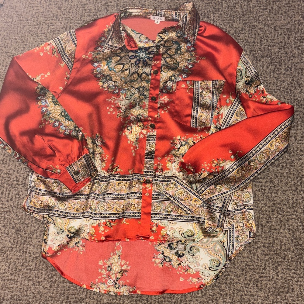 POL Red Paisley-Print Satin Button-Down Shirt Small